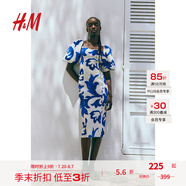 H&M女士花卉連衣裙夏季氣質(zhì)修身歐根紗五分袖燈籠袖連身裙1238363 白色/藍(lán)色圖案 170/104 L
