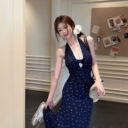 葉余蕾絲拼接碎花v領(lǐng)掛脖連衣裙女藏藍(lán)色魚尾裙子顯身材包臀長裙 藏青色加長版 S