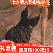 貓惑冰絲睡衣帶胸墊女夏季蕾絲內衣仿真絲睡裙家居服七夕情人節禮物 黑色【帶胸墊】【睡裙+睡袍】 L【適合95-115斤】
