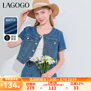 lagogo圓領(lǐng)正肩短款牛仔外套女拉谷谷夏季新款小個(gè)子百搭短袖上衣 深牛仔藍(lán)(N2) S