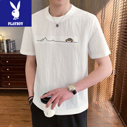 花花公子（PLAYBOY）短袖男士t恤夏季棉麻新款圓領(lǐng)上衣青年薄款潮流高級帥氣半袖體恤 白色 2XL