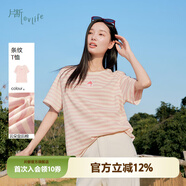 片斷T恤女2025夏季新款圓領(lǐng)條紋刺繡寬松藏肉chic休閑松弛上衣 粉白 M