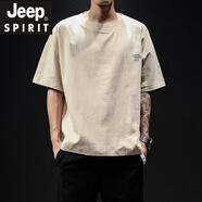 JEEP SPIRIT吉普加肥加大碼刺繡棉麻短袖t恤男體恤寬松亞麻半袖潮流男裝夏季 米色 M 90-115斤可穿