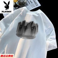 花花公子（PLAYBOY）短袖t恤男士夏季潮牌百搭休閑五分純棉上衣服重磅寬松半袖體恤衫 白色 XL