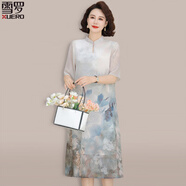 詩(shī)迦努中年媽媽夏日端莊大氣雪紡連衣裙2025新款中老年人國風(fēng)裙子女夏裝 米色 XL _(適合105斤以下)