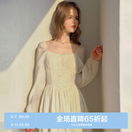 樂町收腰氣質(zhì)長袖連衣裙度假打卡仙女裙碎花雪紡裙 米白（現(xiàn)貨） M