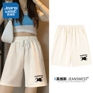 真維斯（Jeanswest）運動(dòng)短褲女可外穿夏季2025年新款純棉休閑穿搭中褲女裝寬松五分褲 米色 蝴蝶跳跳貓黑_K_前左下 L