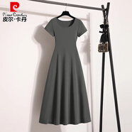 皮爾卡丹法式灰色短袖連衣裙女2025夏新款大碼胖收腰遮肚中長款大擺裙子 灰色設(shè)計感小眾/冷淡系/高級感/ M 【80-100斤】