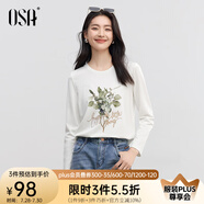歐莎（OSA）白色印花長(zhǎng)袖t恤女薄款2025年秋新款洋氣顯瘦上衣內(nèi)搭體恤百搭 白色 L
