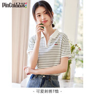 品彩（PinCai）短袖t恤女夏v領(lǐng)polo衫條紋字母櫻桃上衣時(shí)尚打底衫 P143T1550