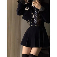 韓版學(xué)院風(fēng)套裝女短西裝JK制服裙春夏高腰顯瘦百褶三件套 西裝+吊帶裙+襯衫三件套【領(lǐng)帶】 S