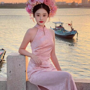 冉藝嵐同款新中式絕美改良版旗袍女年輕款少女度假?lài)L(fēng)氣質(zhì)粉色掛脖連衣 粉紅色 S
