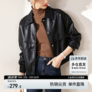 尚都比拉干練帥氣經(jīng)典百搭翻領(lǐng)口袋設(shè)計(jì)機(jī)車夾克女皮衣 黑色 M 