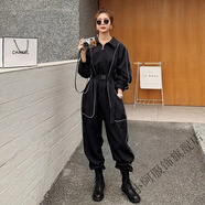 茶小阿工裝連體褲女2025年春夏新款時(shí)尚寬松短袖運(yùn)動(dòng)連衣褲氣質(zhì)連身褲子 黑色 【長(zhǎng)褲+長(zhǎng)袖】 2XL 【140---155斤】