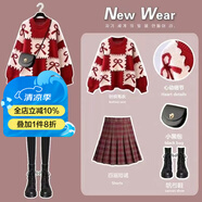 招晴瑜大童女裝9-15歲毛衣套裝初中學(xué)生紅色毛衣格子短裙百褶裙兩件套 紅色毛衣+格子百褶裙(兩件套) 160 S 建議70-85斤