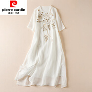 皮爾卡丹（pierre cardin）復(fù)古盤扣苧麻刺繡雙層連衣裙夏大碼女裝圓領(lǐng)半袖下擺開叉亞麻裙子 白色 M 【95-110斤】