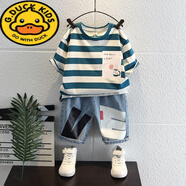 G.DUCKKIDS童裝夏裝短袖套裝2024新款洋氣男孩寶寶衣服潮童裝時髦帥氣兩件套 藍色【套裝】 130 (參考年齡7-8歲)(參考年齡7