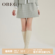 OBEG歐碧倩秋冬花苞式半身裙女千鳥格羊毛呢A字裙子10404108 灰綠格 170/L/40
