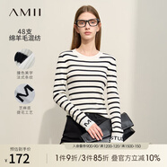 AMII2024冬百搭修身撞色條紋袖口字母提花套頭針織毛衣女 白黑條 155/80A/S