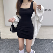 溥畔小飛袖連衣裙夏小清新溫柔背帶裙修身高腰顯瘦長裙 黑色 M