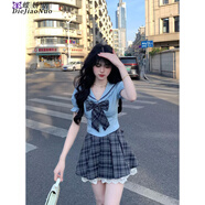 蝶嬌諾（DIEJIAONUO）連衣裙子夏季2025年新款女裝韓版純欲風(fēng)JK制服學(xué)院風(fēng)甜辣妹顯瘦 藍(lán)色上衣+蝴蝶結(jié)+格子短裙 S