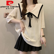 皮爾卡丹大碼女裝夏季娃娃領(lǐng)正肩短袖T恤胖mm遮肚黑色冰絲針織七分袖上衣 杏色 L