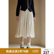 獨束大碼女裝絲絨百褶半身裙女冬裝新款高腰兩段式拼接壓褶A字半裙 杏仁米 XL