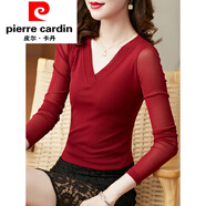 皮爾卡丹時(shí)尚簡(jiǎn)約網(wǎng)紗v領(lǐng)打底衫春秋2025新款長(cháng)袖修身洋氣蕾絲上衣女顯瘦 紅色 XL (110-120斤)