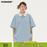 viishow復(fù)古日系純色短袖POLO衫男夏季潮牌寬松百搭休閑翻領(lǐng)體恤 藍(lán)色 M