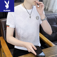 花花公子（PLAYBOY）冰絲短袖t恤男士潮流高端速干寬松體恤衫半袖透氣薄款上衣服圓領(lǐng) 【冰絲】V字白 M (建議80-110斤)