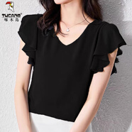 啄木鳥(niǎo)夏季高端邊雪紡衫荷葉紡衫短袖氣質(zhì)寬松大碼新款上衣洋氣肚子 黑色 3XL 130-145斤