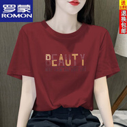 羅蒙（ROMON）撿漏歐貨夏寬松胖MM顯瘦時(shí)尚減齡體恤純棉短袖上衣 紅色【BEAUTY閃字母】 M 建議115斤內(nèi)