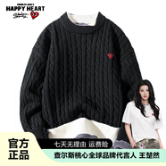 查爾斯桃心冬季加厚保暖慵懶風(fēng)學(xué)生美式休閑提花假兩件針織加絨毛衣男女同款 加絨 黑色（款） M