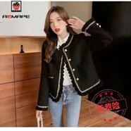 AEMAPE溫柔風(fēng)氣質(zhì)時(shí)尚小香風(fēng)短款外套女2025春秋法式復古網(wǎng)紗拼接上衣 黑色夾棉里布  厚款 M 100-115斤
