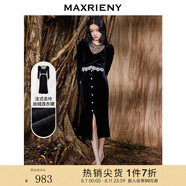 MAXRIENY絲絨連衣裙法式秋冬設計感蕾絲裙泡泡袖赫本風(fēng)長(cháng)裙裙子 黑色 M 02