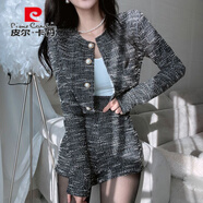 皮爾卡丹（pierre cardin）韓國(guó)chic氣質(zhì)小香風(fēng)圓領(lǐng)珍珠單排扣短外套+高腰粗花呢闊腿短褲女 黑色 均碼