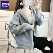 羅蒙華夫格開衫衛(wèi)衣外套女秋冬加絨加厚韓版寬松拉鏈時尚洋氣短款上衣 深空灰 春秋薄/款 M 建議80-110斤