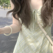 棉致法式巨好看連衣裙女夏季2025新款小個(gè)子漂亮絕美收腰顯瘦長(zhǎng)裙子 綠格紋連衣裙 L 建議110-120斤