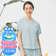 TOPNEW棉混紡橫紋皺布連帽女居家上裝 2023夏休閑短袖衫 藍色 XL (175/100)