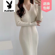 花花公子（PLAYBOY）品牌法式v領(lǐng)掛脖針織連衣裙女秋冬時(shí)尚女裝內搭修身包臀毛衣打底 白色 均碼