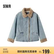 森馬（Semir）牛仔棉服女拼接毛領(lǐng)美式復(fù)古2024冬寬松毛邊夾克街頭109724108017