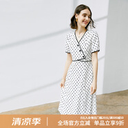顏域（YANYEE）設(shè)計感收腰波點連衣裙女夏裝2024新款氣質(zhì)V領(lǐng)大擺裙子中長款 白色 M/38