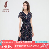 經(jīng)典故事（JANE STORY）2025年夏季新款V領(lǐng)雪紡連衣裙女氣質(zhì)法式茶歇裙復(fù)古荷葉邊碎花裙 M73深藍(lán)色花 M