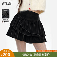 妖精的口袋pu皮蛋糕半身裙女2024年冬季新款黑色百搭蓬蓬裙短裙子 低調黑色 M
