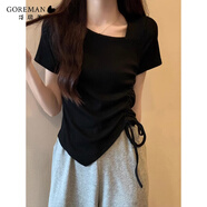 哥瑞美2025夏季新款時(shí)尚不規則下擺個(gè)性設計感斜領(lǐng)抽繩短袖T恤女上衣 黑色 M