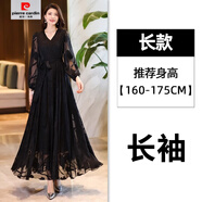 皮爾卡丹（pierre cardin）2025年新款春夏秋大擺連衣裙收腰顯瘦旅游度假長(cháng)裙雪紡裙沙灘裙子 黑色 黑色長(cháng)袖 2XL