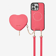狄頓蘋果手機殼愛心斜跨包適用16promax手機殼肩帶口紅包iPhone16pro 斜跨套裝-桃紅色手機殼+小包+肩 iPhone14Pro