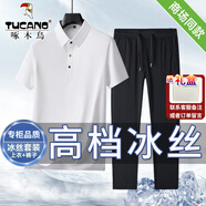 啄木鳥父親節(jié)禮物冰絲短袖t恤男寬松大碼polo衫運動休閑T送爸爸夏季套裝 白色 (冰絲套裝) M (建議95-110斤)