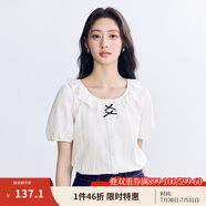 茵曼（INMAN）純棉法式荷葉邊圓領(lǐng)短袖白襯衫2025夏季氣質(zhì)百搭蝴蝶結襯衣女 珍珠白 M
