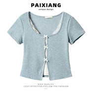 粟茝jk制服套裝女夏季學(xué)院風(fēng)百褶裙PAIXIANG百褶裙套裝女2025新款超火 藍色蕾絲拼接上衣假兩件短袖T恤 S 均碼